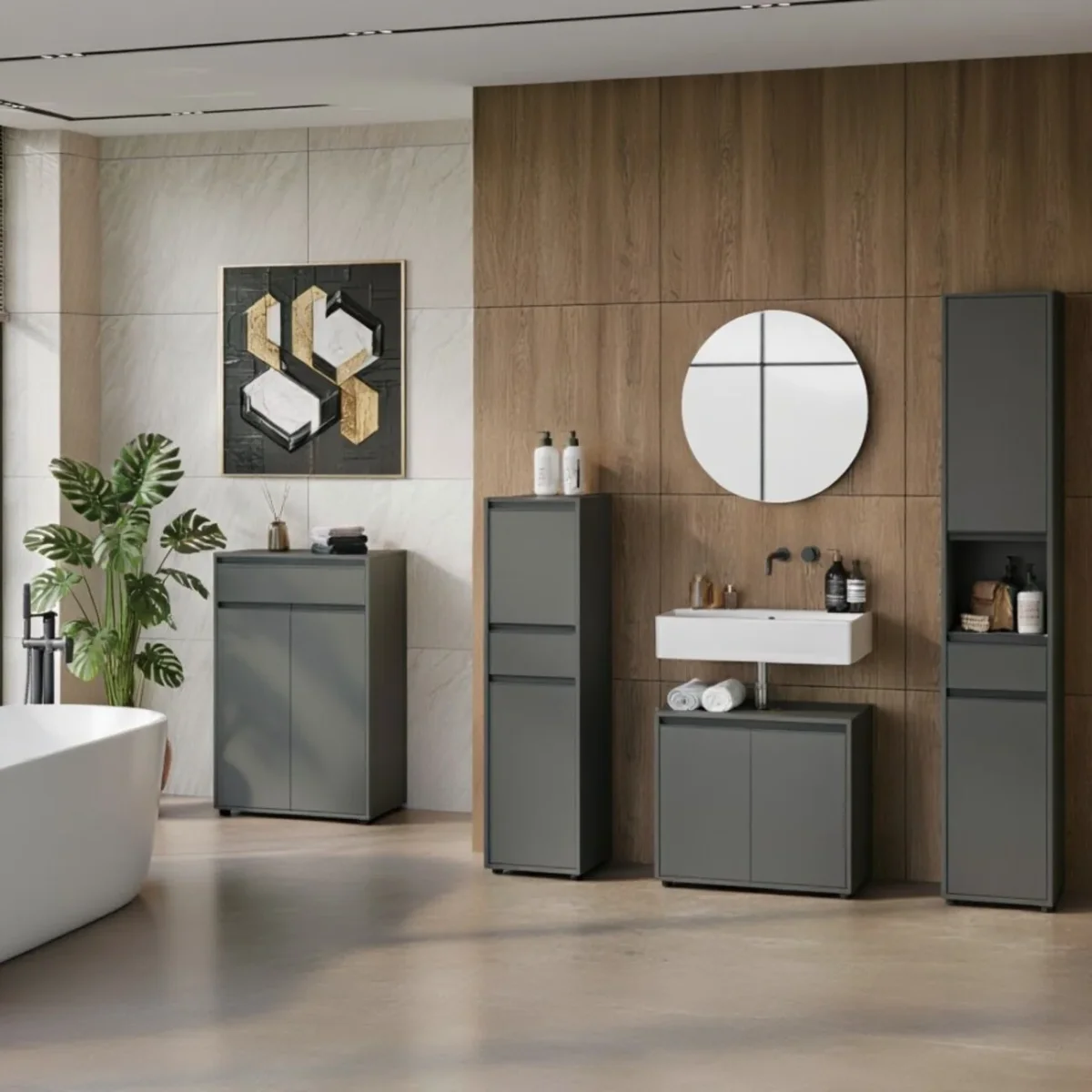 Badmöbel-Set 5-teilig XXL | Hochschrank, Unterschrank, Midischrank, Badkommode, Runder Spiegel | Soft-Close & Matt