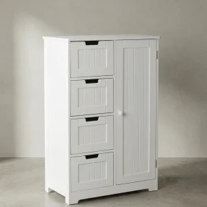 Badschrank Weiß 30x83x30 cm im Landhausstil aus MDF mit 4 Schubladen