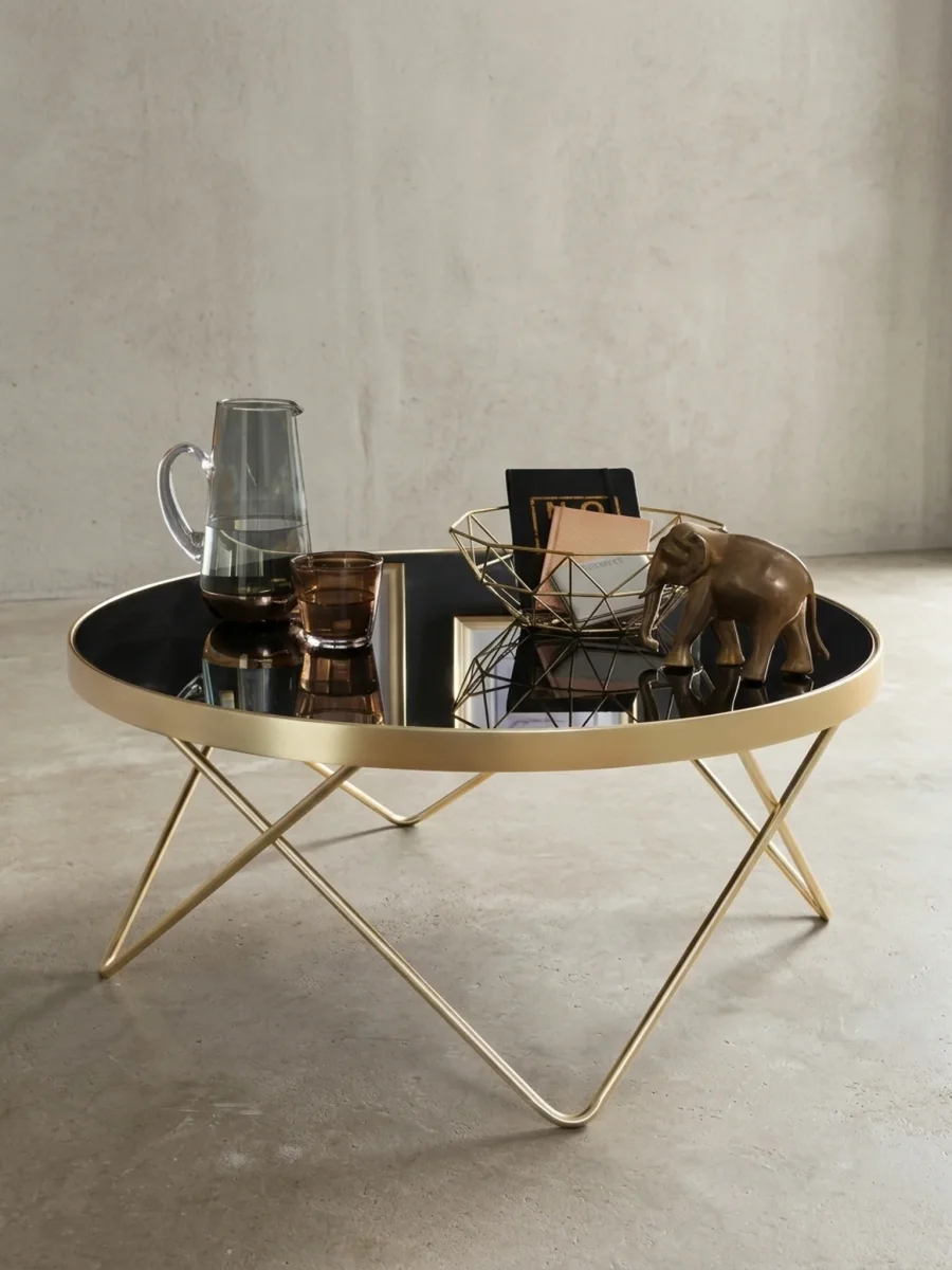 Beistelltisch Schwarz Glasplatte Goldene Beine Retro-Stil 82cm Durchmesser