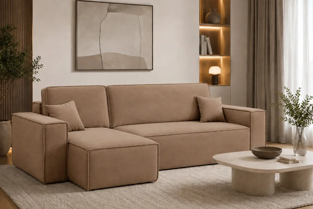 Ecksofa mit Schlaffunktion und Bettkasten im Veloursstoff Bluvel BEST L