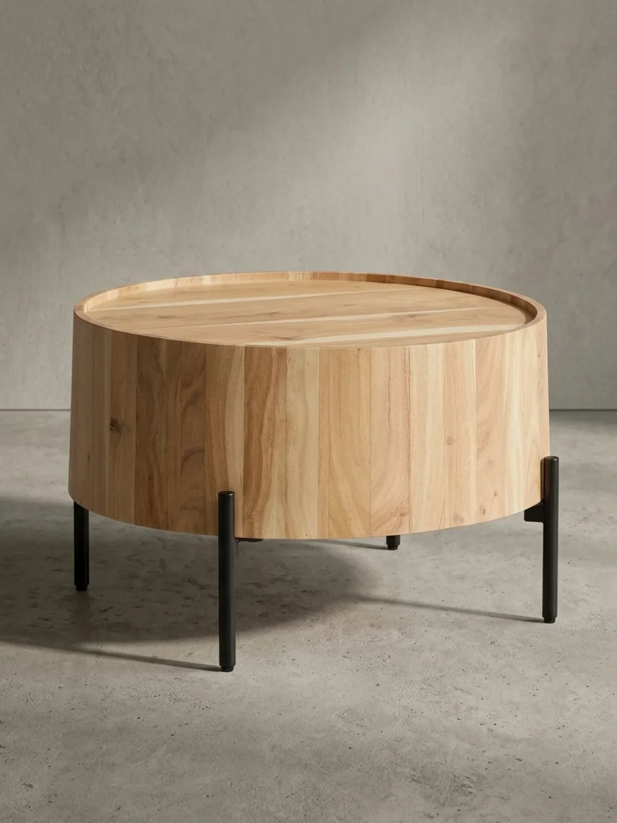 Couchtisch Akazie Massivholz Rund 60x60x41cm Metallgestell Braun/Schwarz
