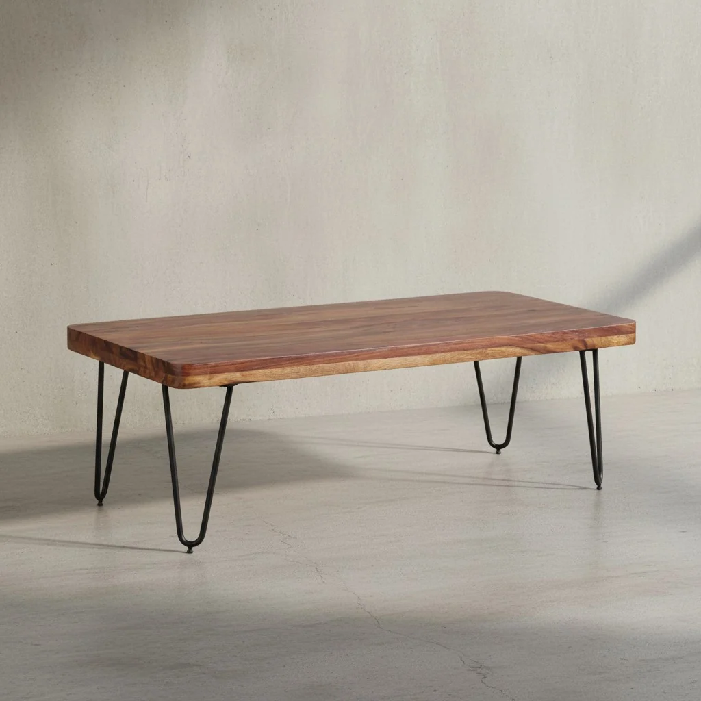 Couchtisch aus Massivholz mit Metallbeinen, handgefertigt, einzigartige Maserung