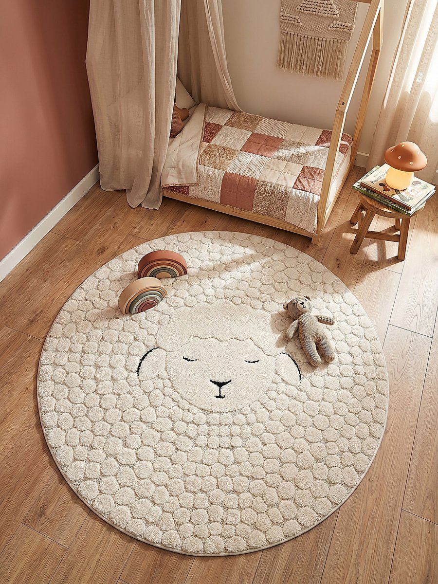 Kinderteppich Schaf-Gesicht mit wolliger – Polypropylen-Polyester-Mix, 13 mm Gesamthöhe