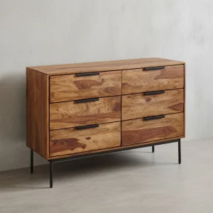 Kommode – Massivholz/Metall, 117x80x42 cm, 6 Schubladen, Industrial-Stil