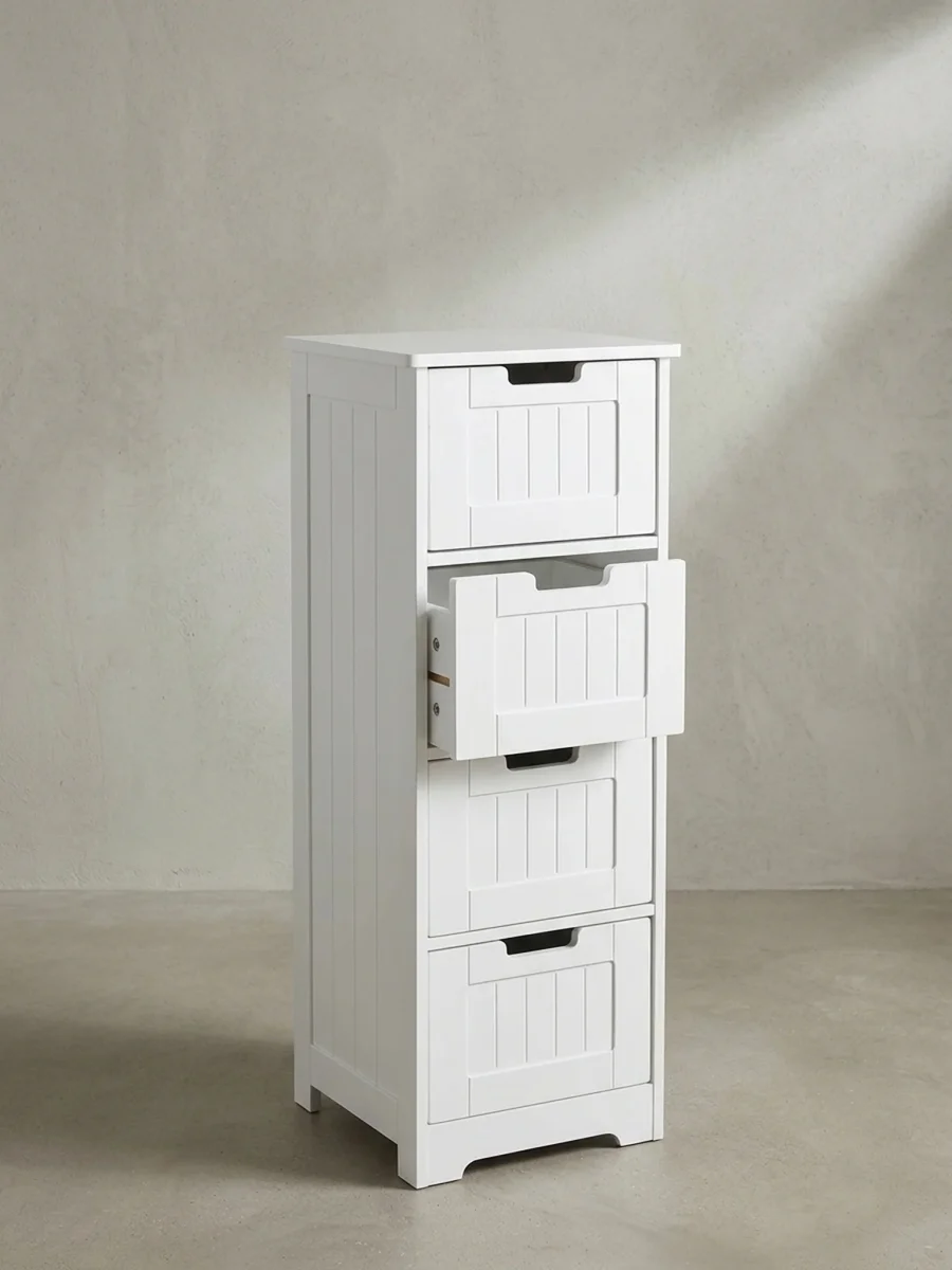 Badkommode Weiß 30x83x30 cm im Landhausstil mit 4 Schubladen und Ablagefläche
