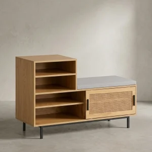 Schuhbank – Eiche-Dekor, 120x75,5x40 cm, Rattan-Elemente, Sitzbank gepolstert