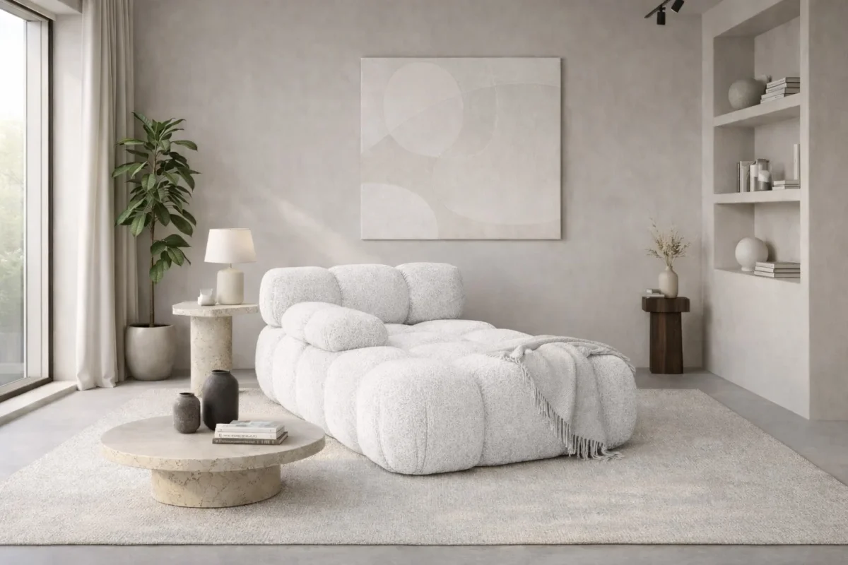 Chaiselongue modular für Wohnzimmer, Bouclé-Stoff Abriamo, Selia
