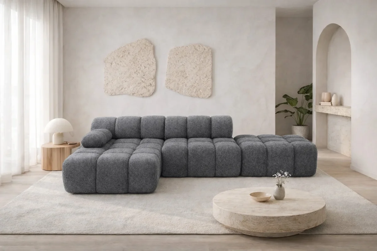Ecksofa modular mit Hocker, Sofa L-Form, Bouclé-Stoff Abriamo, Selia – Bild 6