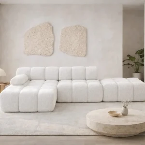 Ecksofa modular mit Hocker, Sofa L-Form, Bouclé-Stoff Abriamo, Selia