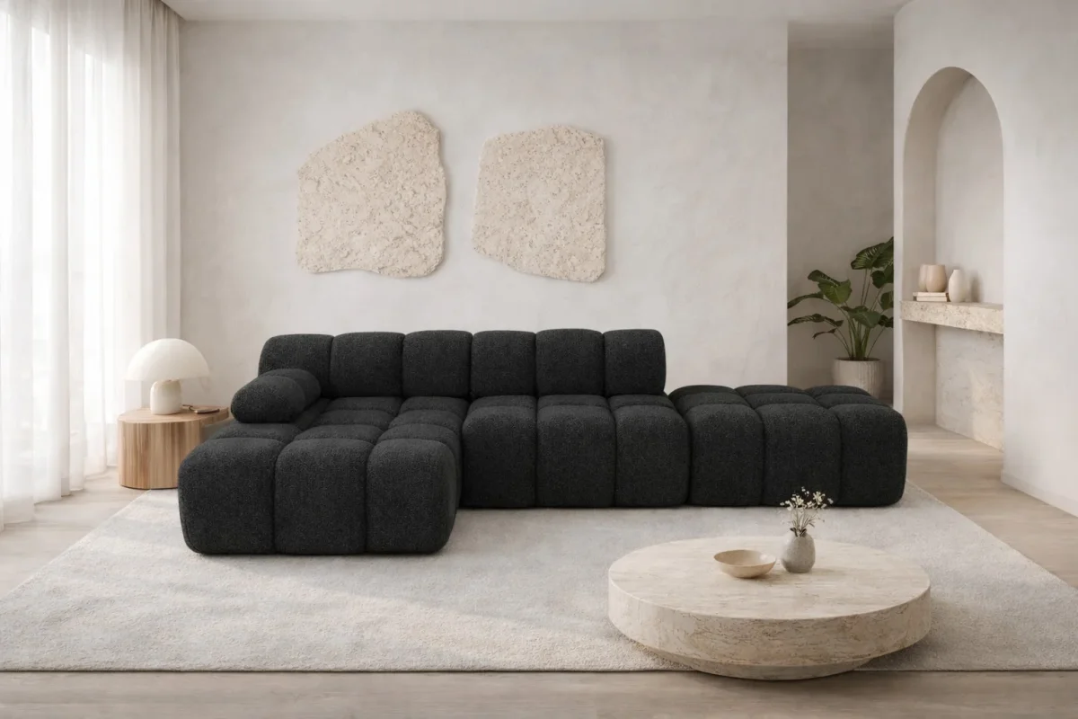 Ecksofa modular mit Hocker, Sofa L-Form, Bouclé-Stoff Abriamo, Selia – Bild 8