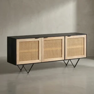 Sideboard – Mango Massivholz/Rattan, 175x75x45 cm, 3 Türen, schwarz/braun