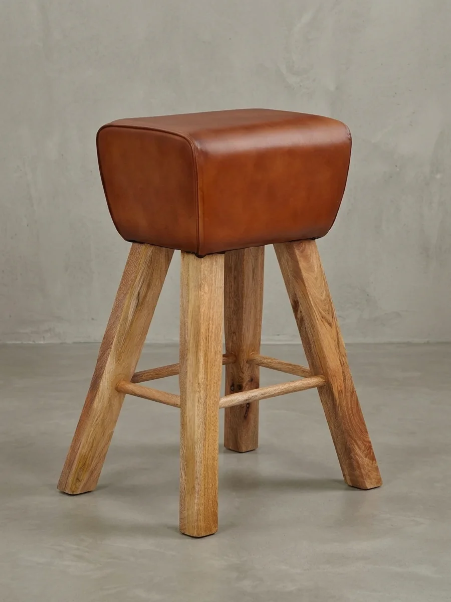Barhocker – Ziegenleder und Mango Massivholz, Turnbock-Design, 43x75x43 cm, Dunkelbraun