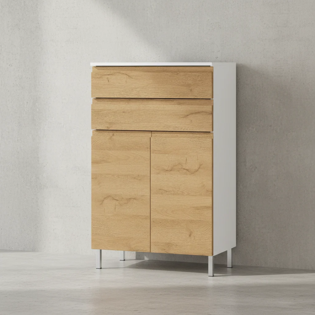 Badschrank Weiß und Eiche Grandson 60x97x34 cm mit Schubladen, Chromfüßen und griffloser Front