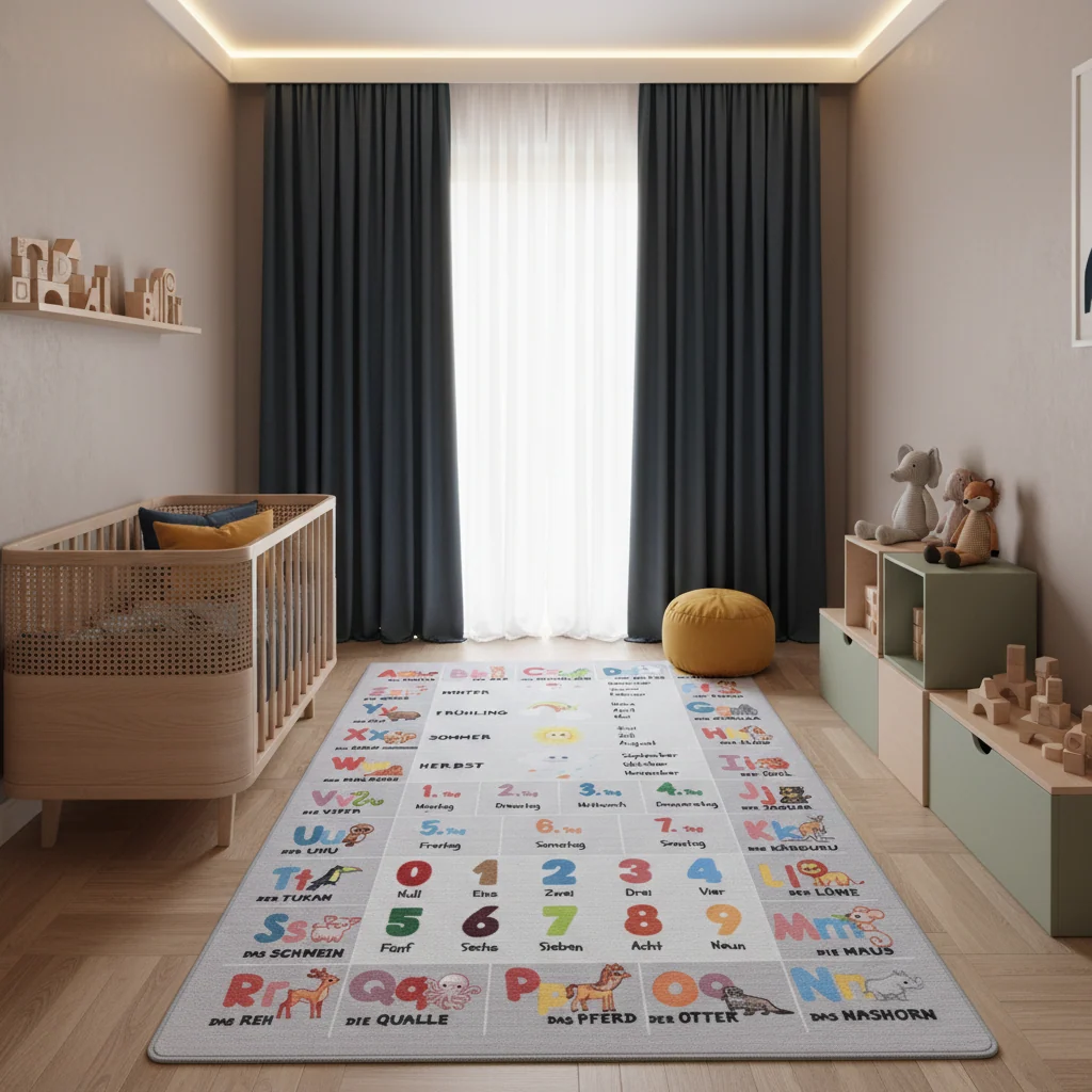 Kinderteppich Flachgewebe ABC & Zahlen – Rutschfest & Waschbar für Kinderzimmer
